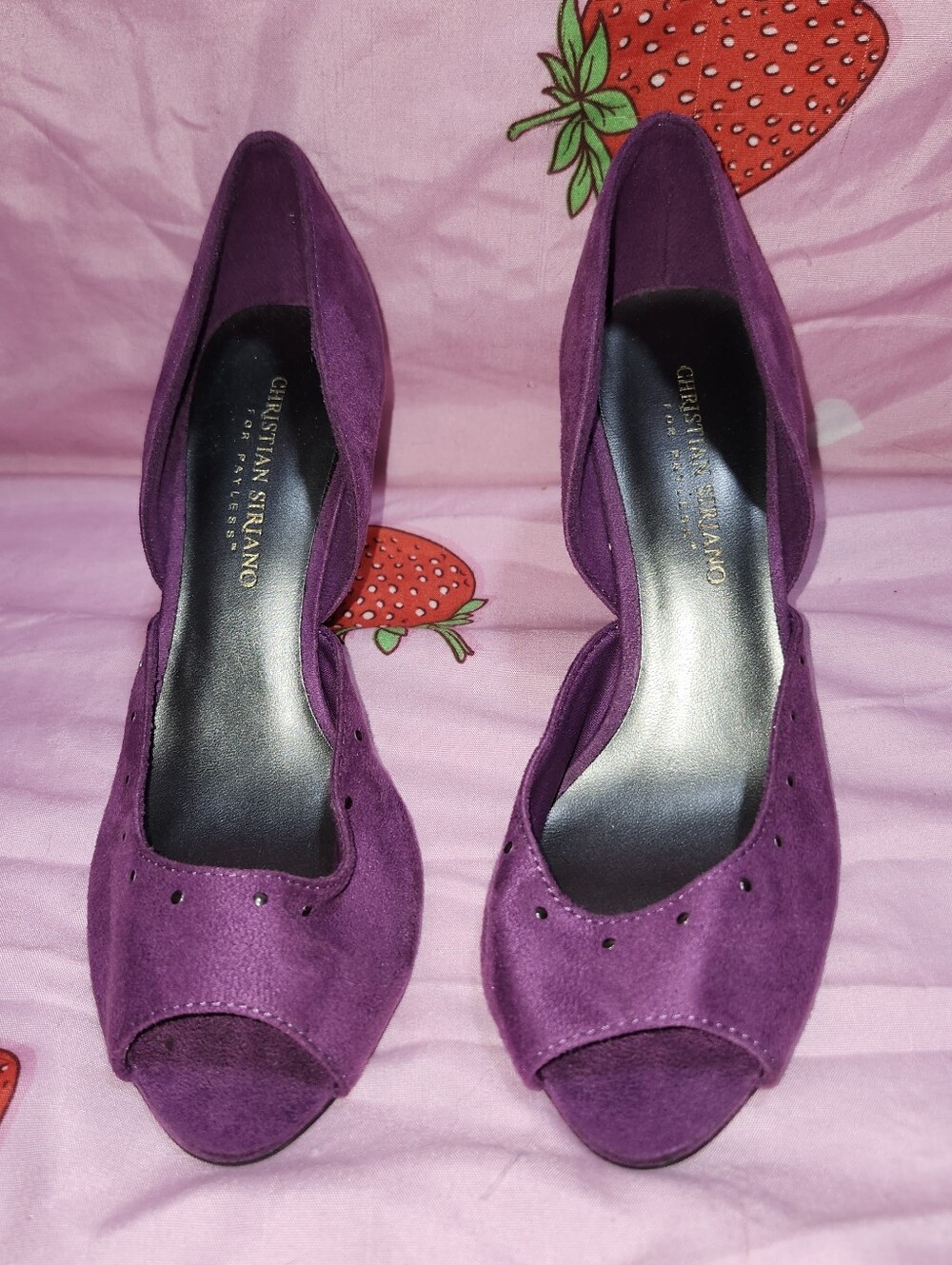 Women's size 7 Christian Siriano purple suede peep toe heels with silver studs